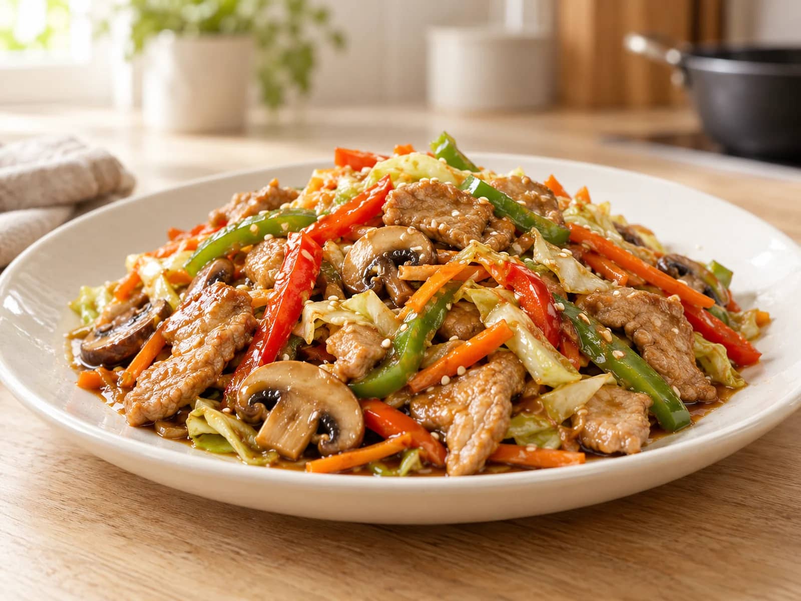Imagen de Chop suey casero de cerdo con verduras y soja