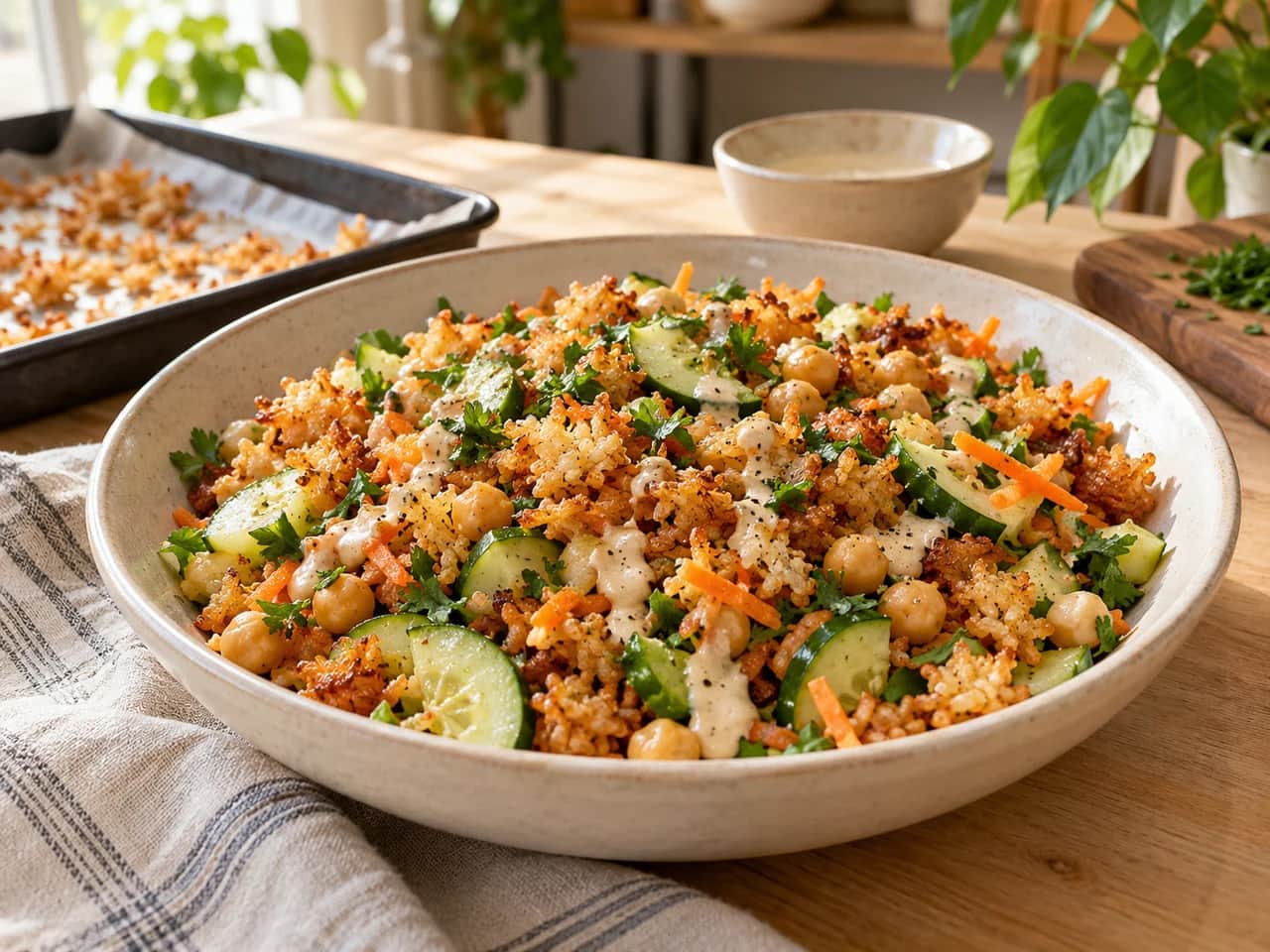 Imagen de Ensalada de arroz crujiente con garbanzos y pepino
