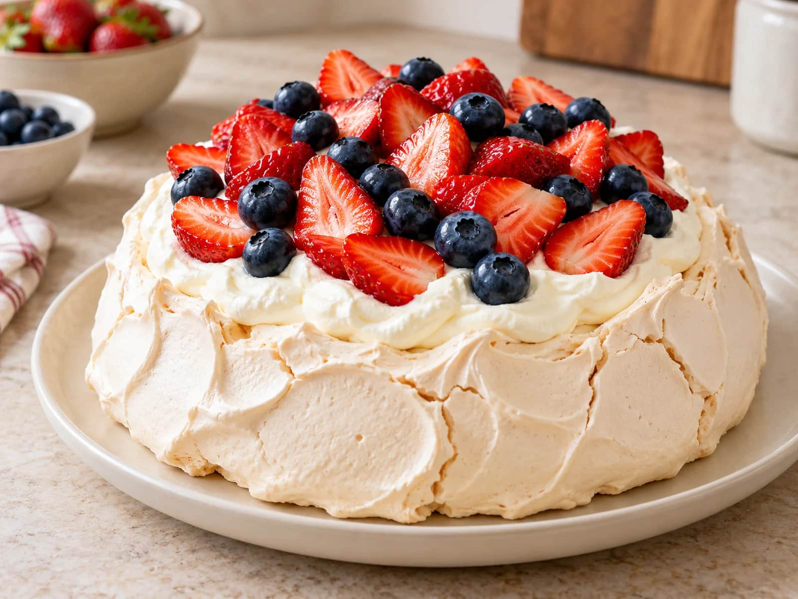 Imagen de Pavlova con frutos rojos: merengue, nata y fruta